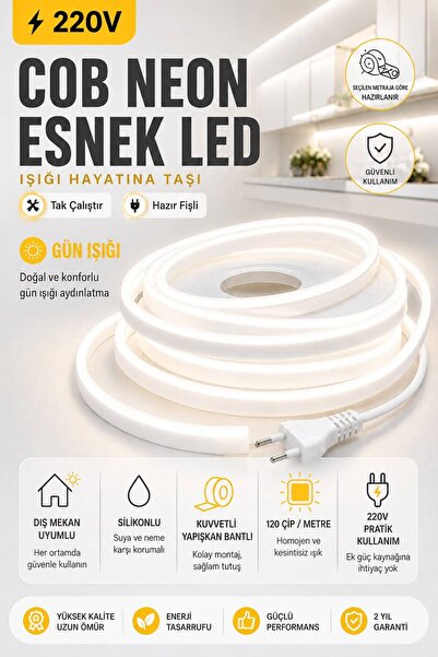 KOMPLİKE Premium Beyaz COB Neon LED Şerit 220V Tak-Çalıştır | Kendinden Yapış...