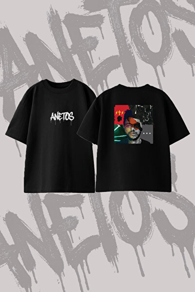 Anetos The Weeknd_5 Μπλουζάκι με στάμπα σε σχέδιο Oversize Crew Neck, Μαύρο
