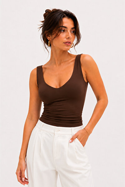 modavingo Women's Brown Front and Back Double Layer V-Neck Soft Touch Athlete...