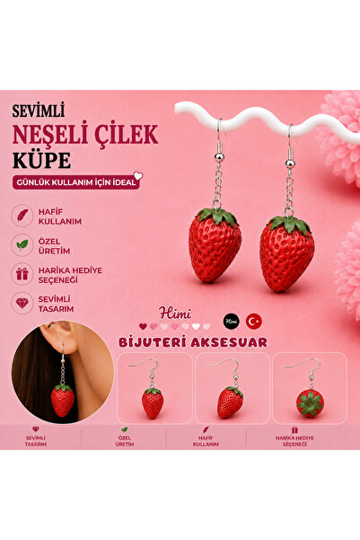 himi bijuteri aksesuar Neşeli Sevimli Meyve Figürlü Çilek Sallantılı Küpe Haf...