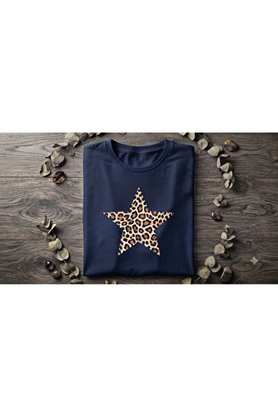 KOZİA OUTDOORS Women's Leopard Print Star Print Crew Neck Oversized Combed Co...