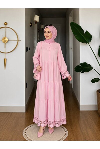 GÜZEL TRİKO KAYRA DANTELLİ UZUN ELBİSE