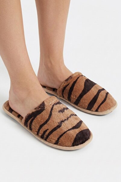 hadiora Brown Zebra Patterned Plush House Slippers - Soft Textured Comfortabl...