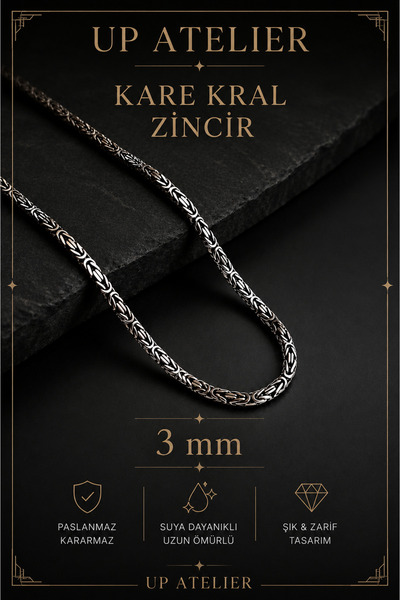 Up Atelier 3mm 925 Ayar Gümüş Kare Kral Zincir Kolye