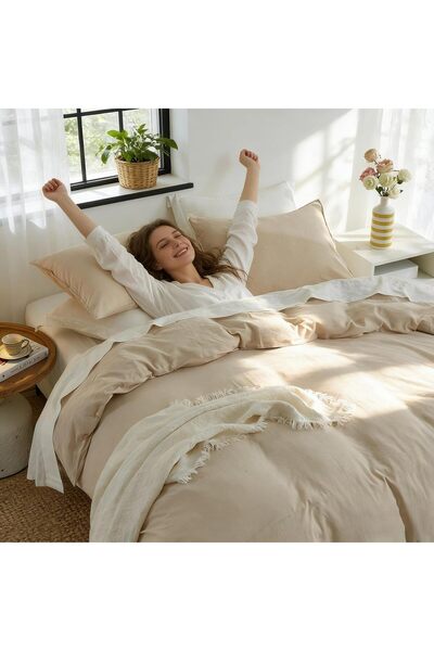 Simple&Opulence Duvet Cover Set 100% Washed Cotton, Khaki, Double 200x200cm