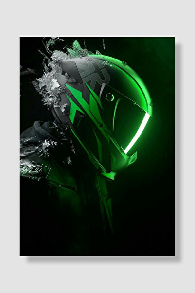 Luna Marissa Motorcu Poster Yeşil Neon Işıklı Kask Karanlık Fon Motor Posteri...