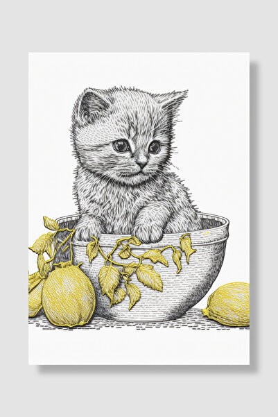 Luna Marissa Плакат с котка, котенце в купа с лимон, гравирана илюстрация, де...