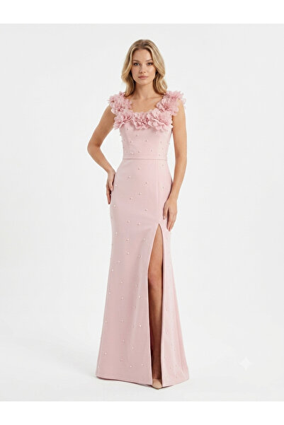 Hot Hotcontact Pearl Embellished 3D Floral Straps Long Evening Dress with Hid...