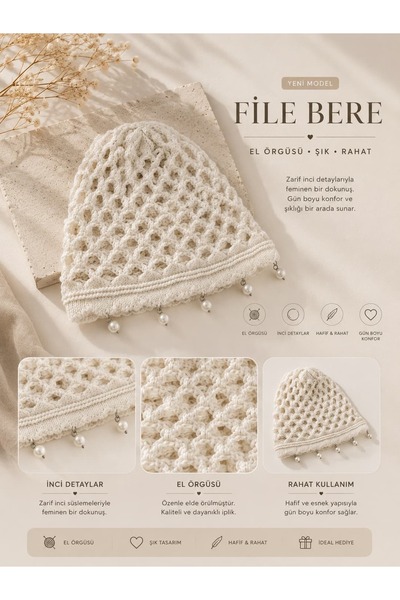 ENORİA ACCESSORİES Pearl Detailed Mesh Beanie