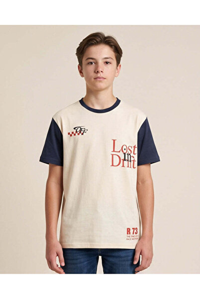 REDTAG Senior Boy Ivory And Navy Graphic T Shirt