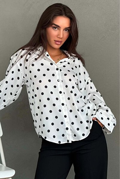 Madmext White Polka Dot Satin Women's Shirt Mg2869