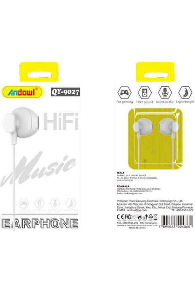 Andowl QY-9027 Ενδοωτικά ακουστικά handsfree με βύσμα 3.5mm, λευκά