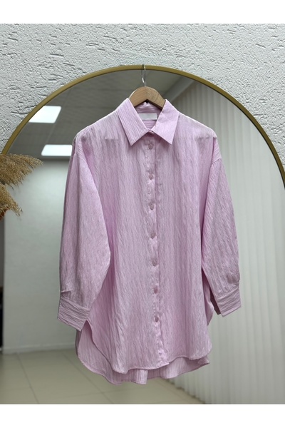 MİHRA STORE Çiğdem Striped Linen Mixed Oversized Women's Shirt-Zn1174 Pink
