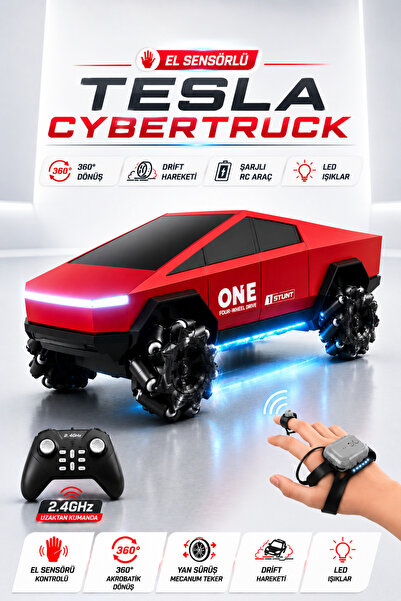 TRENDZONE El Sensörlü Tesla Cybertruck Drift Arabası – Şarjlı 360° Dönen Akro...