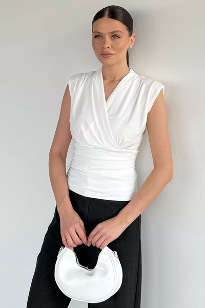 Aryena Cream Women's Double Breasted Collared Blouse with Shoulder Padding