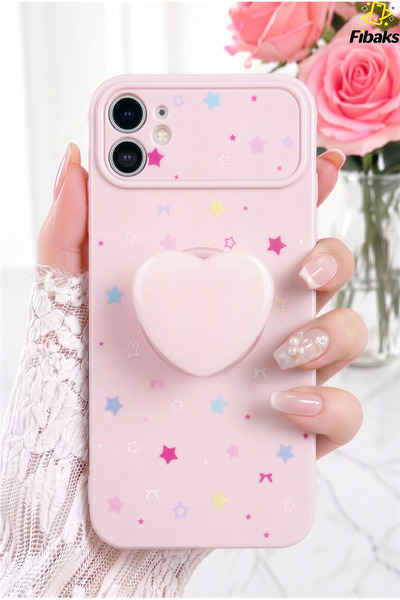 Fibaks iPhone 11 Kılıf Pembe Kalpli Pop Soketli 3D Kalp Detaylı Yıldız Desenl...