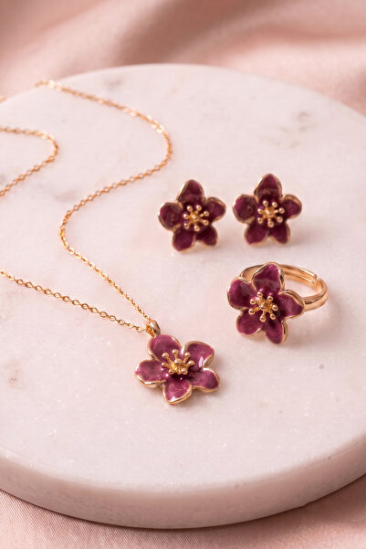 AURRARİ Plum Color Sakura Flower Necklace Earrings Ring Set in Gift Box