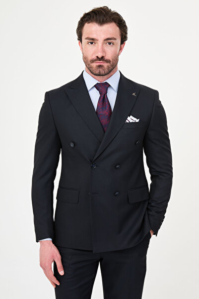 Mcr Striped Slim Fit Wide Collar Double Breasted Men's Suit Navy Blue - 45478...