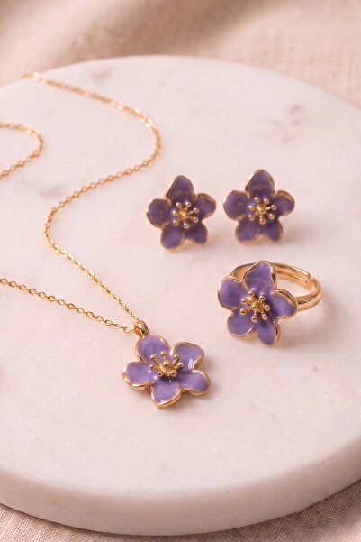 AURRARİ Purple Color Sakura Flower Necklace Earrings Ring Set in Gift Box