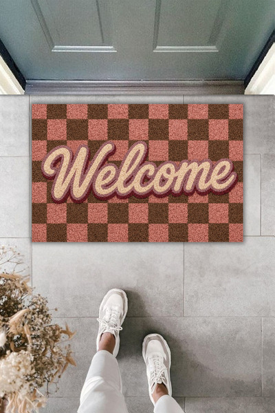 Dormot Dekoratif Dijital Baskılı Pembe Kahve Damalı Welcome Kapı Önü Paspası ...