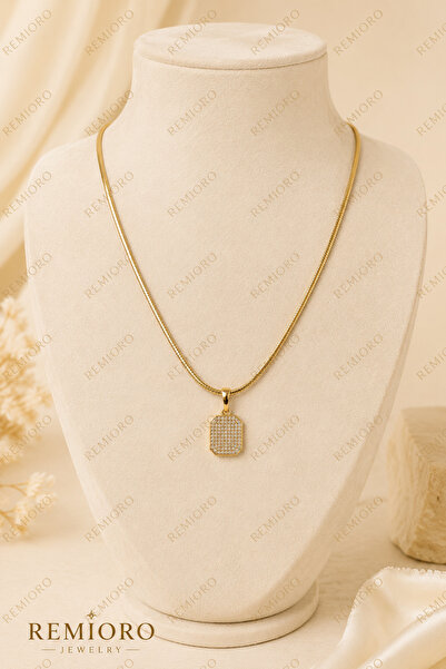 REMIORO Colier 60 cm placat cu aur 14K, pandantiv 1,3 cm cu zirconiu, lanț sn...