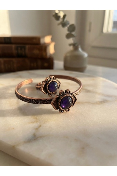 Meneva Aksesuar Purple Agate Stone Embellished Copper Bracelet and Ring Set