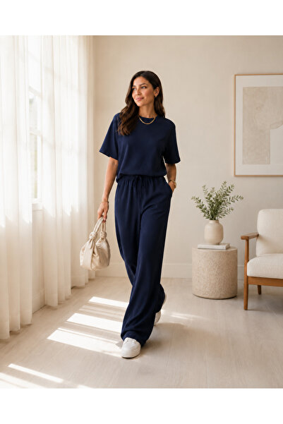 Sovia Women's Modal Fabric Crew Neck Short Sleeve Loose Leg Pants Two-Piece Set