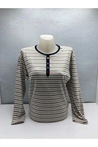 LÜKS MİRAYDA Women's Crew Neck Striped Colorful Button Detailed Long Sleeve C...