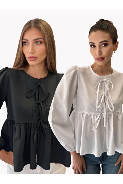 ossons Set of 2 Oversized Cotton Poplin Shirts with Bow Detail
