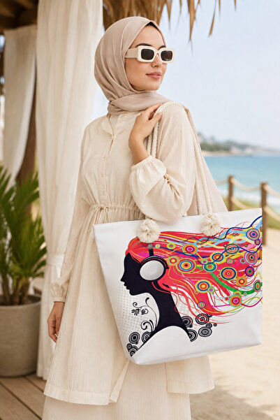 MYZİ STORE Women's Music Themed Patterned Zippered Large Size Beach Bag with ...