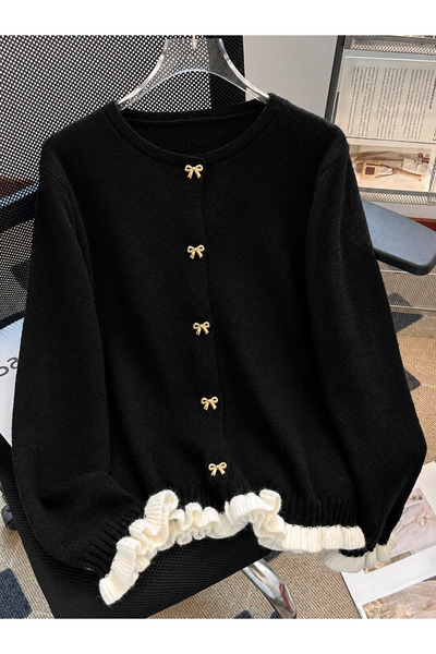 NATUFIAN STORE Women's Bow Buttoned Ruffle Detailed Basic Knitwear Cardigan