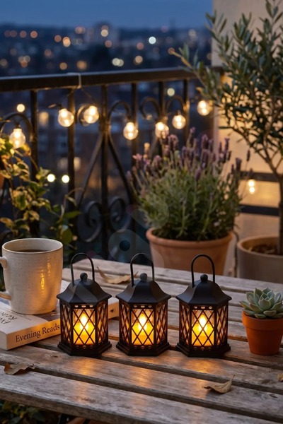 Smiley100S Balkon Süsü Mini Fener / 3’lü Dekoratif LED Mumluk Seti