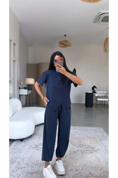 Buket Teke Navy Blue Patchwork Stitched Top and Bottom Set with Elasticated Legs