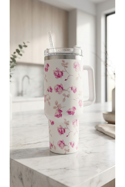 Dia Floral Patterned Steel Thermos with Straw - Double-Walled Heat-Insulating...