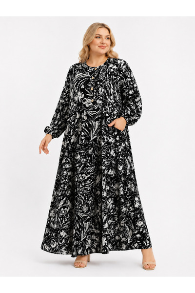 Butik Ayseba Women's Plus Size Three Button Robe Long Sleeve Oversized Dress
