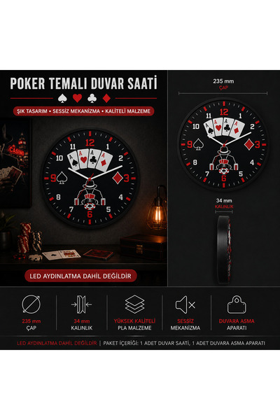 dskatman Poker Temalı Duvar Saati | Casino Tasarımlı Dekoratif Saat | Sessiz ...