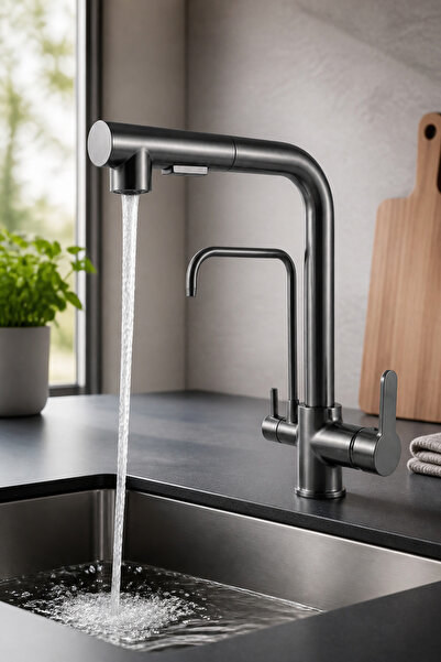 İSAOĞLU YAPI Anthracite Spiral Purified Kitchen Faucet with Tapping Feature S...