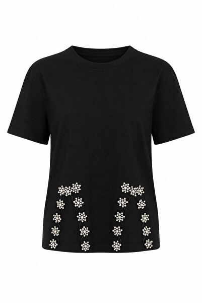 HAZELANNA Taş Yırtmaçlı Siyah Tshirt