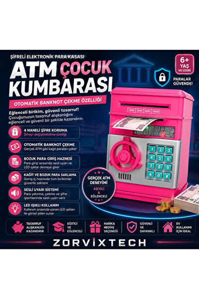 ZorvixTech ATM Çocuk Kumbarası Şifreli Elektronik Para Kasası Otomatik Para Ç...