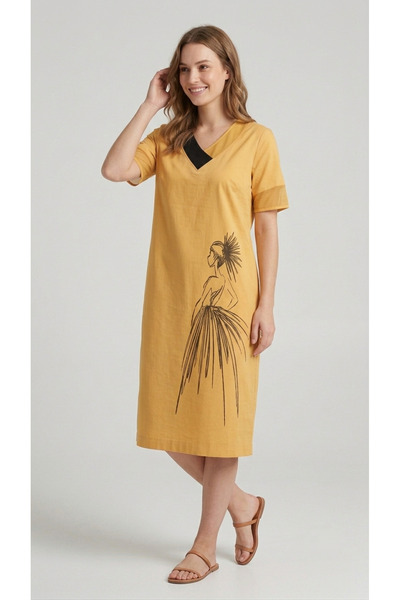 MAXLEVEL MODA V-Neck Women's Dress with Pockets and Tulle Detail at the Sleeves