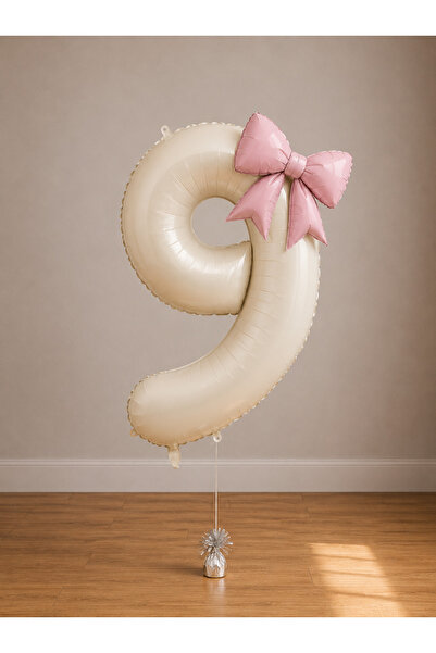 Balonsan -9- Age Beige Number Powder Pink Bow Foil Balloon Set