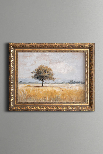 epiqart Lonely Tree and Steppe Landscape - Vintage Patterned Painting - Thick...