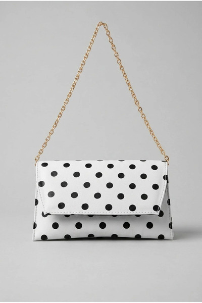 XWOH White Polka Dot Bag with Leather Look Chain Strap for Women - Stylish Po...