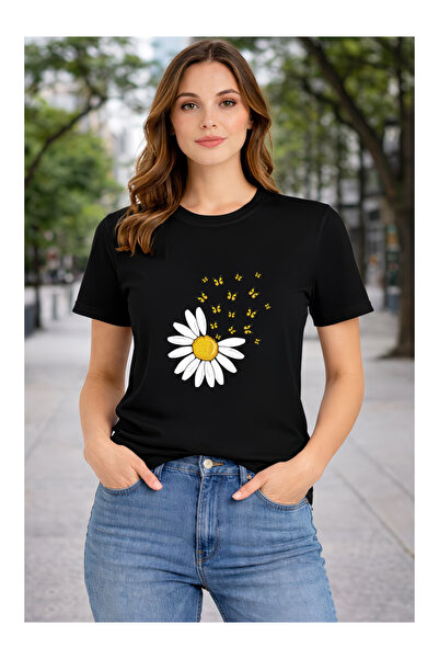 ANEMOS Wear Women's Black Oversize Printed T-Shirt – Daisy Pattern Premium Dt...