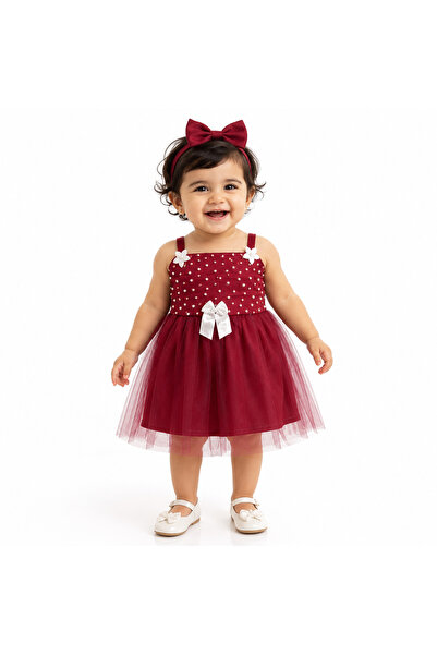MADE Girls' Tulle Dress with Pearls and Bow Embellishments
