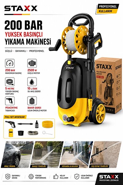 STAXX POWER 200 Bar Basınçlı Yıkama Makinesi Çelik Şanzıman Bakır Sargılı Mot...