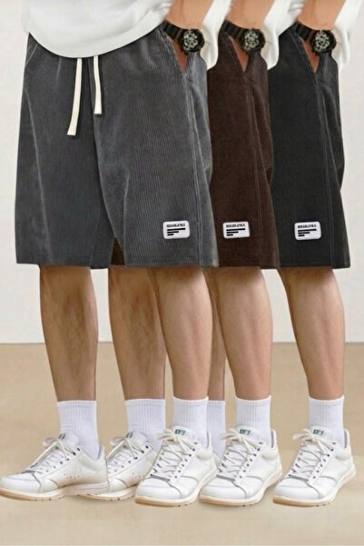 SERABLANKA 3-Pack Men's Corduroy Oversize Shorts Comfortable Fit Black-Smoke-...