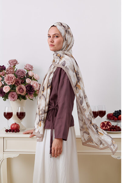 BONASERA EŞARP Luxurious French Silk Shawl with Powder and Burgundy Floral Pa...