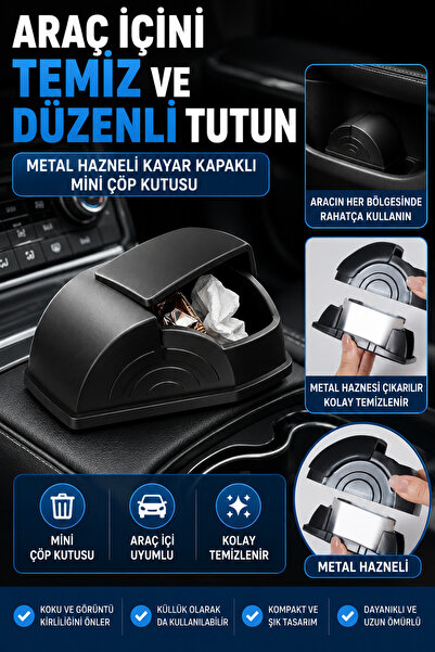 Hane Dostu Araç İçi Mini Küllük Çöp Kutusu Metal Hazneli Kayar Kapaklı Oto Kü...