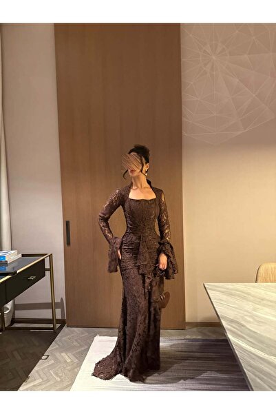 Ayaen Brown Lace Long Dress Long Sleeve Elegant Design Dress